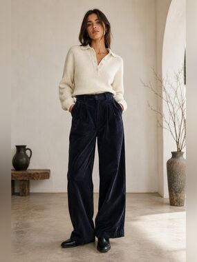 Vintage French Corduroy Pants High Rise Wide Leg Navy 100% Cotton Made In France